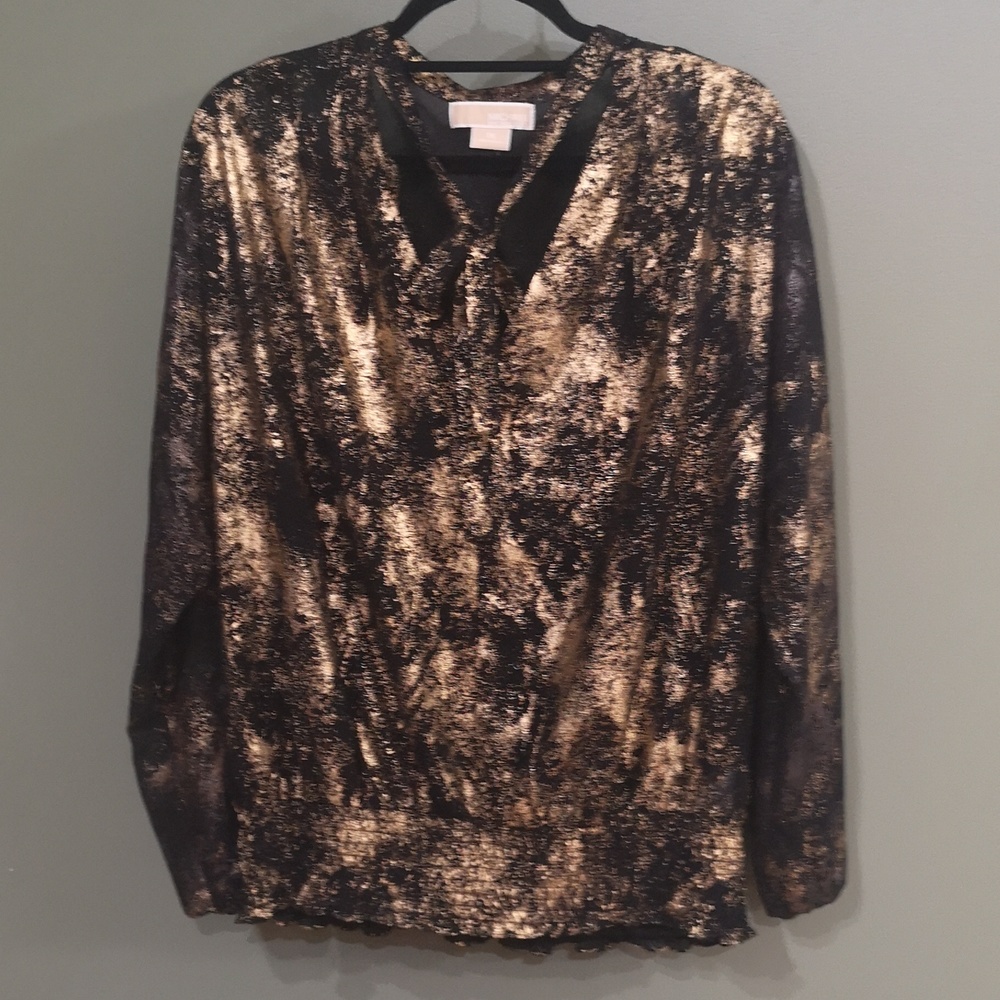 Michael Kors Gold Shimmer Tie Front V Neck Long Sleeve Blouse Sz 1x